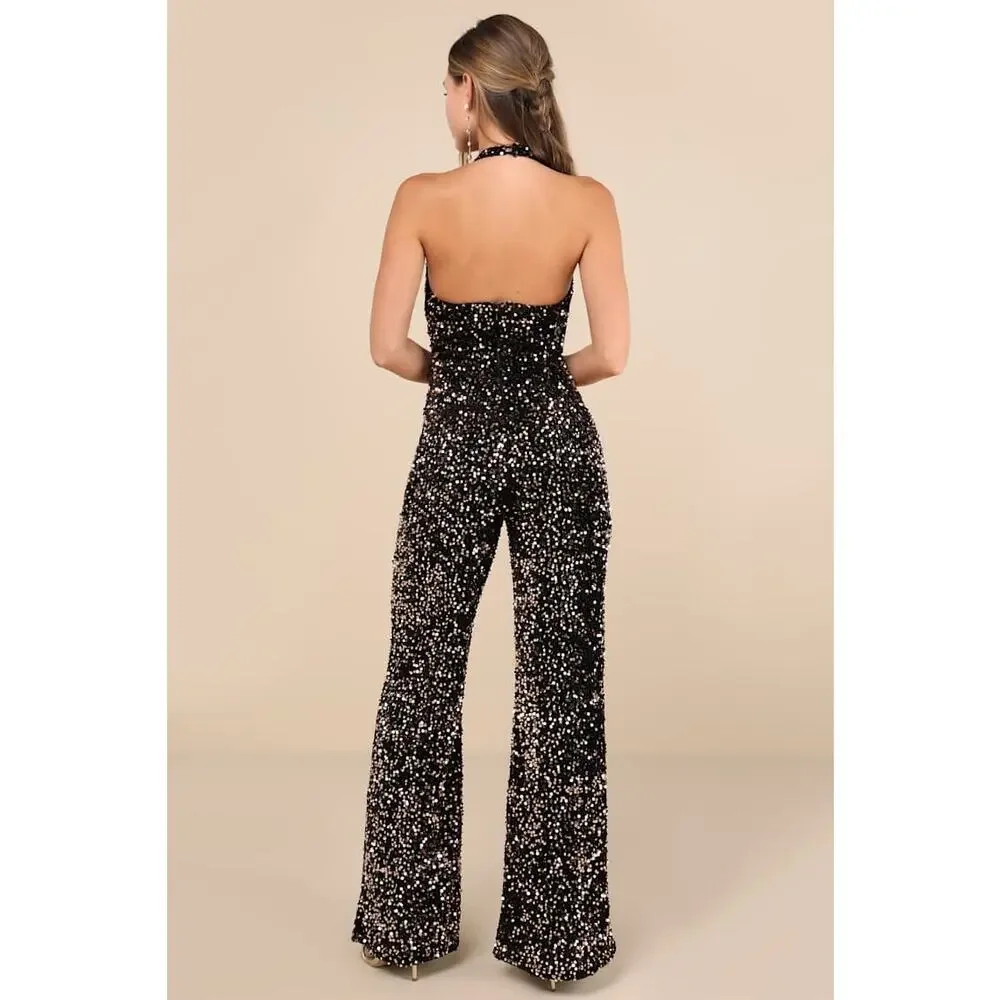 NWT Lulus Mesmerizing Diva Black Sequin Wide-Leg Halter Jumpsuit Party Size XS - Picture 3 of 9